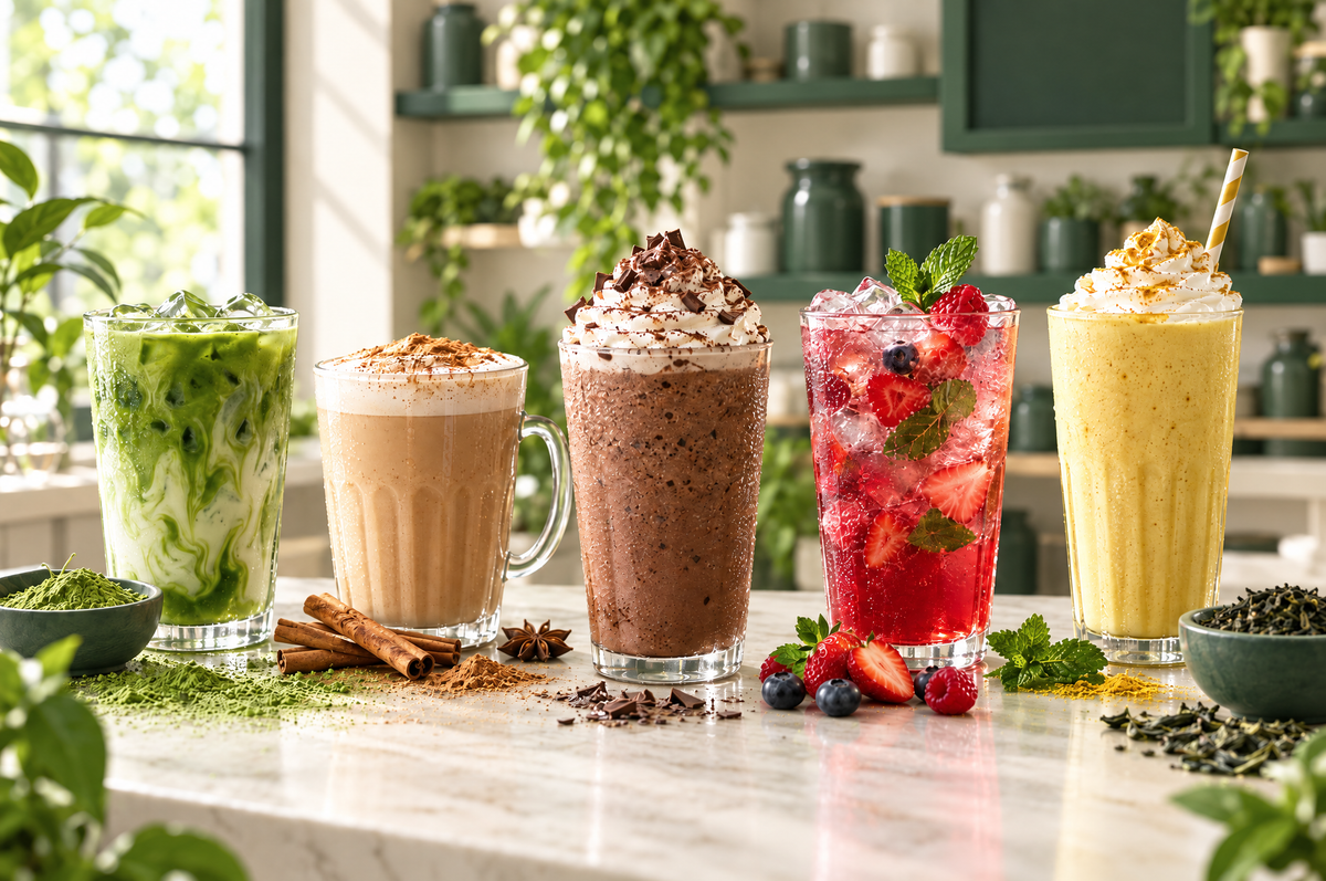 Matcha, chai, chocolate frappe, berry iced tea and milkshake on a cream marble cafe counter