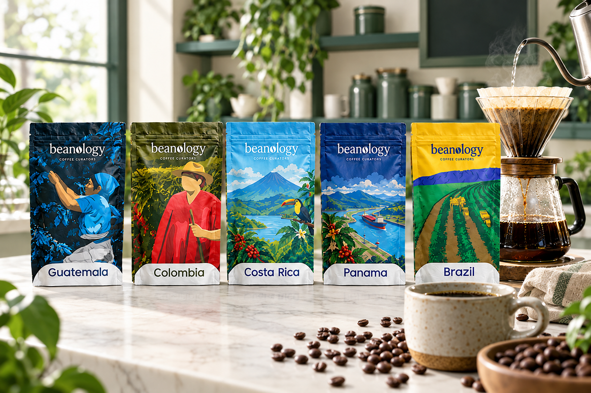 Beanology single-origin coffee bags with pour-over on a cream marble counter