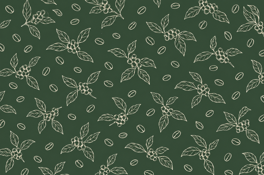 Coffee bean and coffee cherry line pattern in cream on deep green