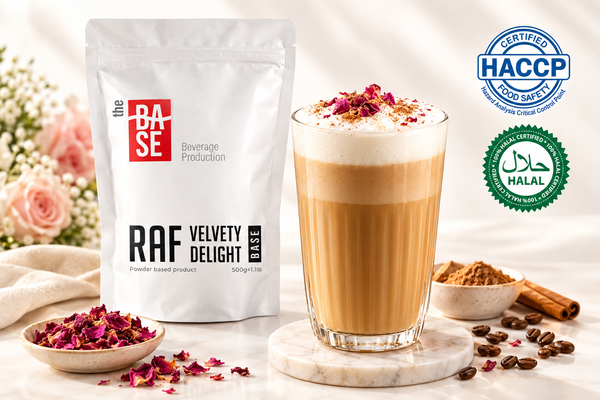 The Base RAF Velvety Delight – packaging with styled RAF latte, HACCP and Halal certified badges