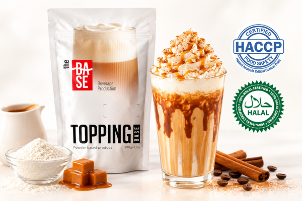 The Base Topping – packaging with creamy foam-topped drink, HACCP and Halal certified badges