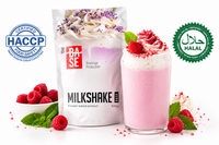 The Base Milkshake – packaging with raspberry milkshake glass, HACCP and Halal certified badges
