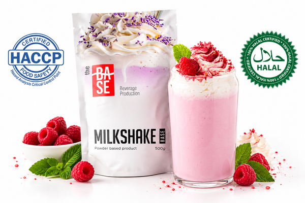 The Base Milkshake – packaging with raspberry milkshake glass, HACCP and Halal certified badges