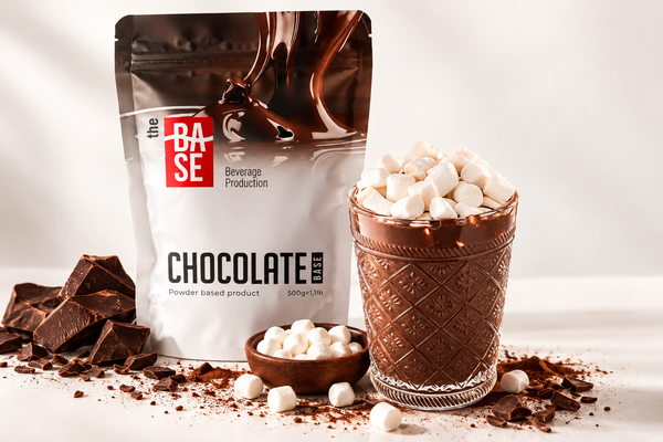 The Base Chocolate – packaging with hot chocolate and marshmallows lifestyle shot