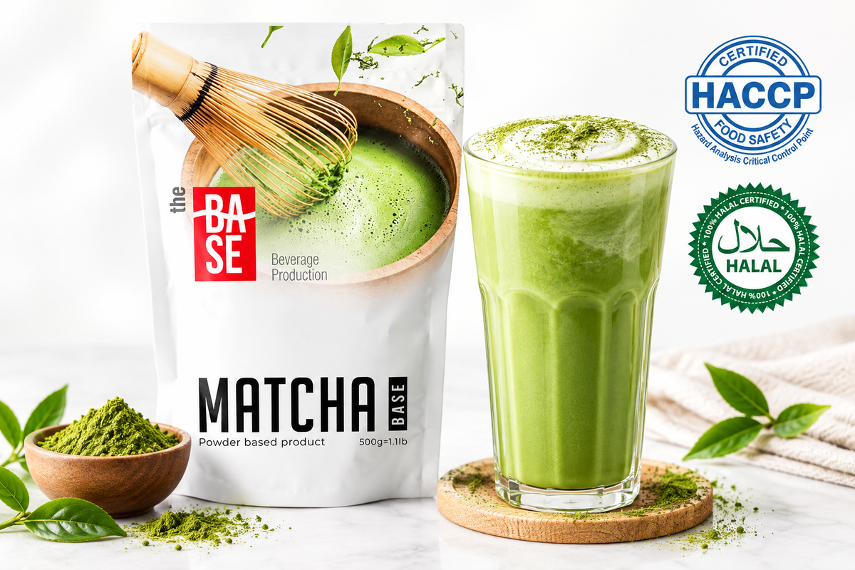 The Base Matcha – packaging with matcha latte glass, HACCP and Halal certified badges