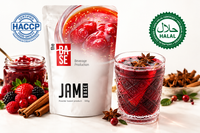 The Base Jam – packaging with jam drink glass, HACCP and Halal certified badges