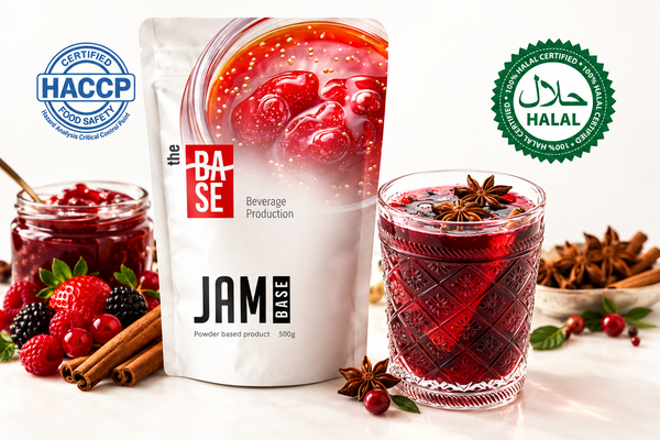 The Base Jam – packaging with jam drink glass, HACCP and Halal certified badges