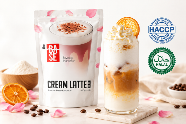 The Base Cream Latte – packaging with layered caramel cream latte, HACCP and Halal certified badges