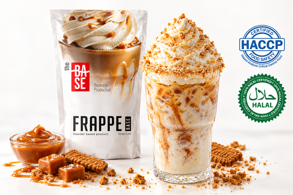 The Base Frappe – packaging with caramel frappe, HACCP and Halal certified badges
