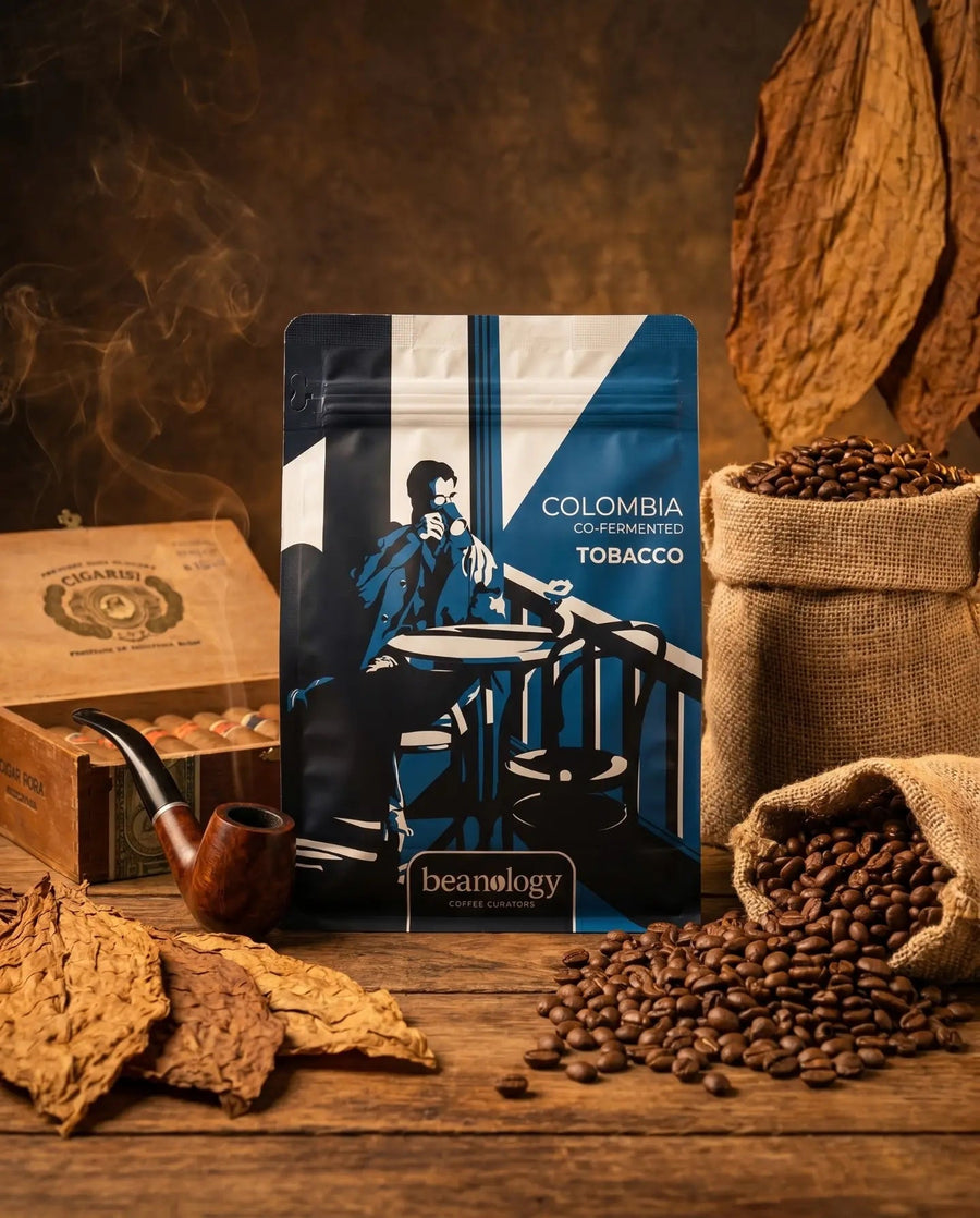 Beanology Colombia Co-Fermented Tobacco coffee bag with tobacco leaves and beans